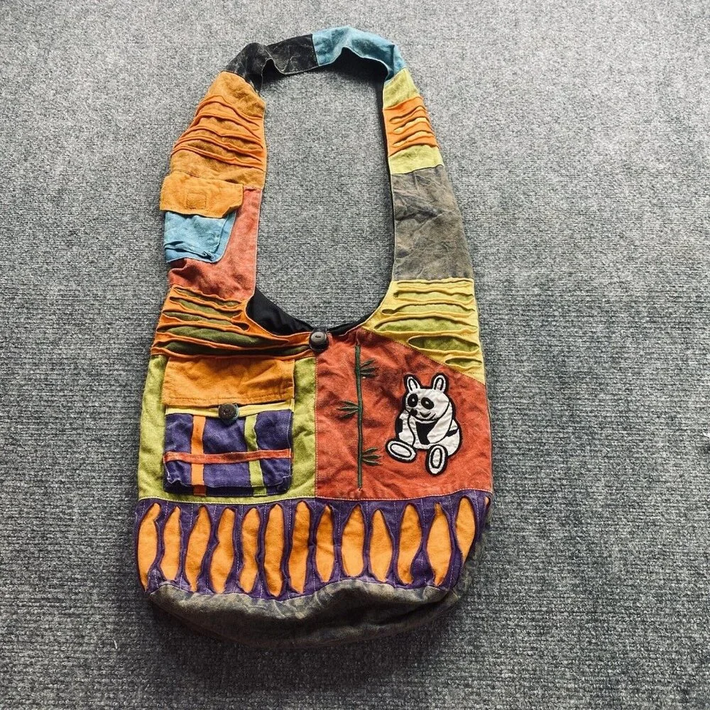 Vintage Handmade Boho Sling Bag Crossbody Panda Patch Festival Hippie‎ Nepal